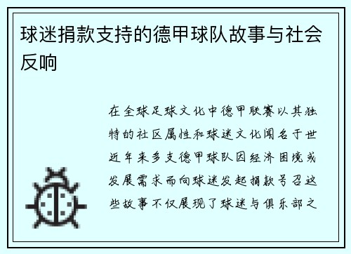 球迷捐款支持的德甲球队故事与社会反响