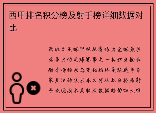 西甲排名积分榜及射手榜详细数据对比